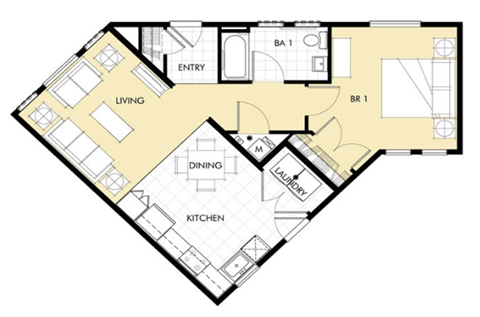 Floor plan for 1 bed, 1 bath